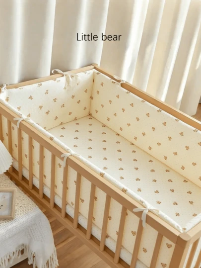 1pc Crinkle Gauze Baby Crib Bumper, Soft Anti-Collision, One-Piece Crib Liner, Baby Anti-Collision Cushion, Children's Splicing Bed Rail Guard Cloth, Baby Anti-Collision Strip, Infant Bed Rail And Bumper Fabric Cover, Baby Room Decor, Cartoon Pattern Tie Design, Fixed Non-Slip Crib Liner