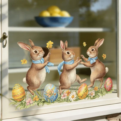 1/4pcs Adorable Easter Bunny Static Cling Window Stickers, Reusable Window Film, Featuring Colorful Eggs And Flowers, Perfect For Decorating Living Room, Bedroom, And Kitchen Windows In Spring.