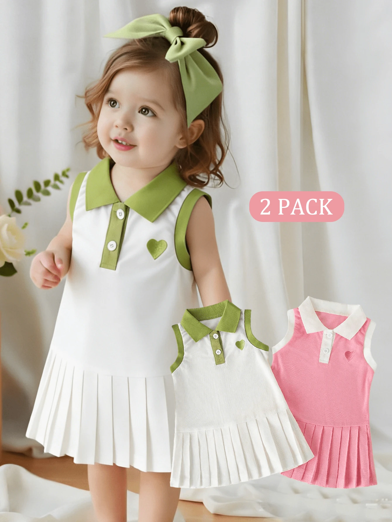 Set de 2 vestidos sin mangas con cuello polo y bordado de corazón, para niñas bebé en verano - Multicolor - Ver 1