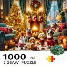 1000pcs Christmas Cats & Dogs Puzzle - Festive Pets Scene With Cozy Fireplace & Tree, Vibrant Holiday Art For & Families, Interactive Brain Teaser Game, DIY Home Decor Gift, Cat Christmas Decorations, Family Activity, Warm Atmosphere, Durable - 500個-14.96x20.47英寸 - 查看 8
