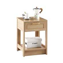 Rattan Side Table With Drawers, Modern Bedside Table, Living Room/Bedroom End Table, Natural Wood Grain Look - H 55 / W 40 / D 40 Cm - Khaki - View 3