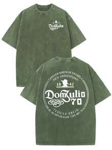 230G Washed Pure Cotton T-Shirt, Men'S Casual Fashion, With 'Dom Julio 70th Anniversary' Print, Outdoor Sports T-Shirt Loose Fit Soft Knitted T-Shirt - 軍綠色 - 查看 1