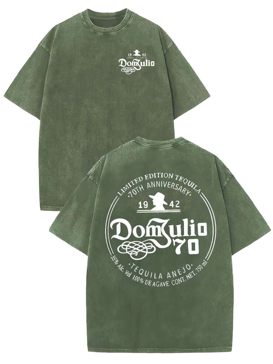 230G Washed Pure Cotton T-Shirt, Men'S Casual Fashion, With 'Dom Julio 70th Anniversary' Print, Outdoor Sports T-Shirt Loose Fit Soft Knitted T-Shirt - 軍綠色 - 查看 1