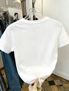 少女休闲趣味印花圆领短袖T恤，夏季上衣 - 白色 - 查看 2