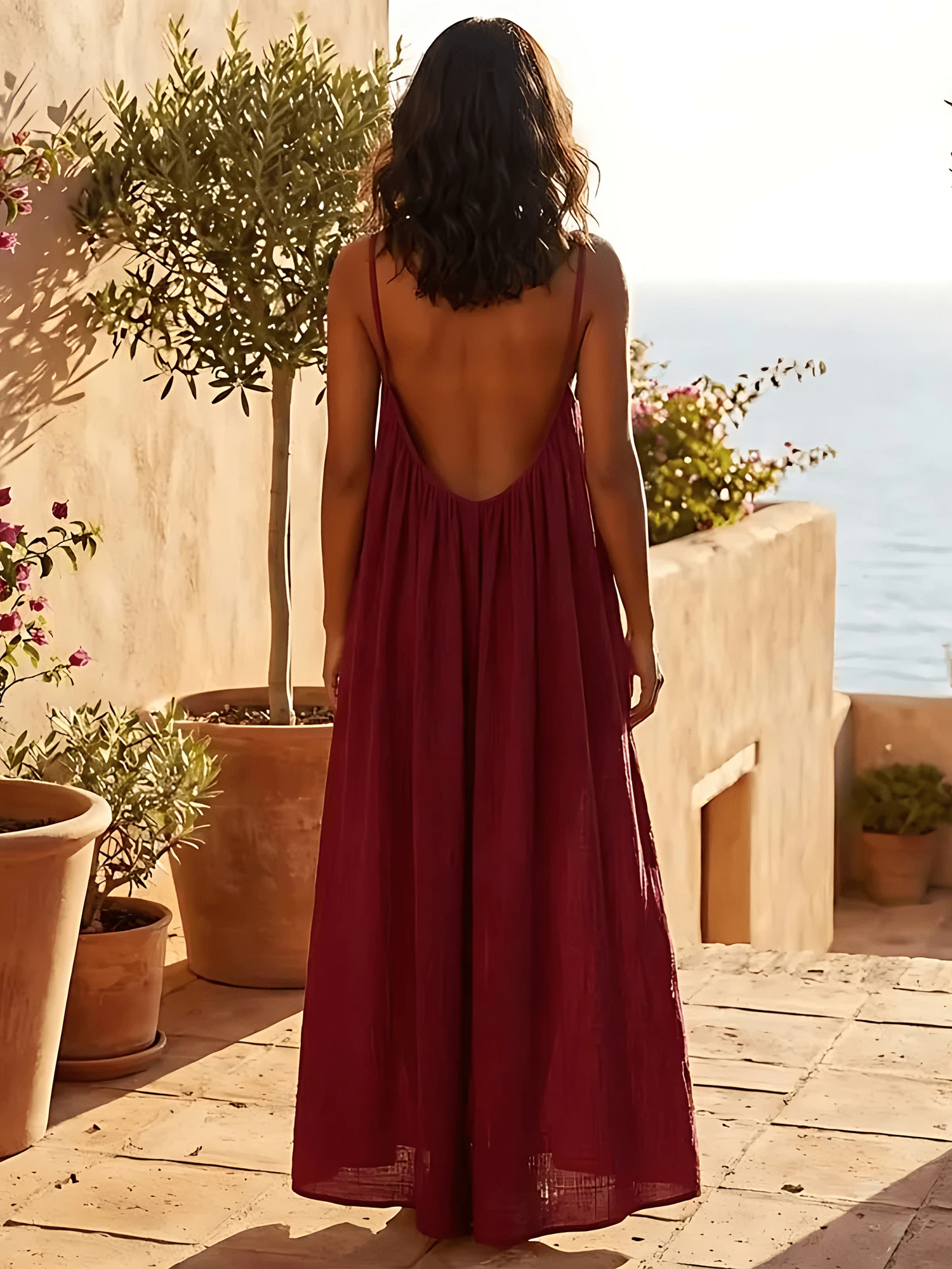 Women's Spaghetti Strap Beach Maxi Dress - Open Back Loose Flowy Vacation Sundress For Summer - 酒紅色 - 查看 1