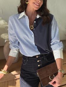 Women's Summer/Autumn Fashion Commute Striped Patchwork Solid Color Button Shirt Collar Long Sleeve Elegant Blouse Casual Daily Office Basic Top - Navy - View 1