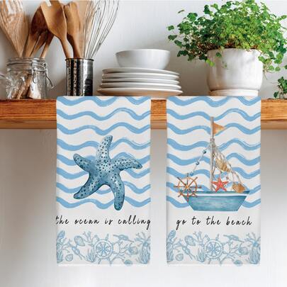 2pcs Blue Ocean Wave, Starfish & Sailboat Pattern Kitchen Towels, 40*60cm Soft Microfiber Material, Suitable For Home, Kitchen, Restaurant, Outdoor Camping, Tabletop Cleaning, Dish Drying, Hand Drying, Gift