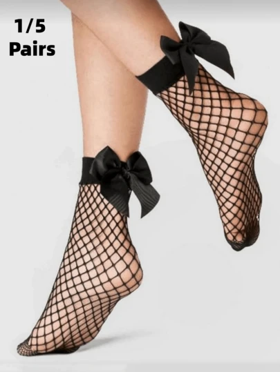 1/5 Pairs Women's Black Hollow Breathable Comfortable Fashionable Sexy Mesh Heel Bow Short Socks
