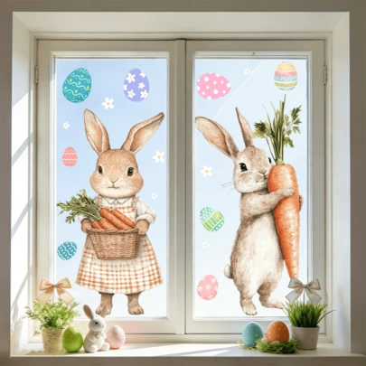 1/2pcsCute Easter Bunny Window Stickers, Removable Rabbit With Carrot Basket Decals, Colorful Egg Window Clings For Home Kitchen Easter Decor