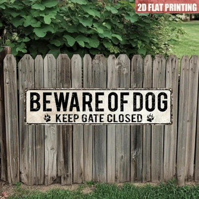 2D Flat Vintage "Beware Of Dog, Please Keep Door/Gate Closed" Warning Sign - Heavy Duty Iron Dog Paw Print Wall Decor, 40x10cm/16"X4" Farmhouse Style Outdoor/Home Fence Decoration - Dog Owner Alert Decor, 2D Flat