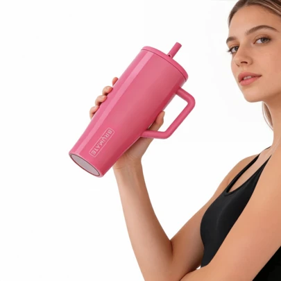 BrüMate Era 40 Oz (Approx. 1134.0 G) Flat-Bottom Cup With Handle And Straw | 100% Leak-Proof Insulated Water Bottle Cup With Lid And Flexible Soft Straw | Stainless Steel Material | Cup Holder | 40 Oz (Approx. 1134.0 G) (Neon Pink)