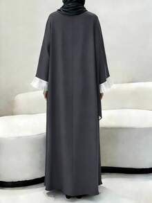 Rochie maxi elegantă pentru femei, cu decolteu în V, decorată cu nasturi, în culori contrastante, cu volane, casual, potrivită pentru nuntă, petrecere, purtare zilnică, rochie lungă lejeră în stil oriental, de culoare neagră - Gri inchis - Vizualizare 4