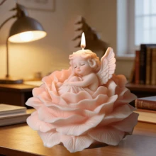 天使宝宝坐在莲花香薰蜡烛上的硅胶模具，DIY 睡着的天使宝宝和他的莲花宝座，适用于树脂、石膏、粘土、混凝土、水泥工艺品，硅胶模具，礼品和家居装饰 - A-白色 - 查看 3