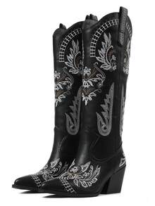 Cowgirl Outfits For Women Boots Pointed Toe Embroidered Thick Heels Festival Shoes Country Concert Botas Largas Para Mujer - màu đen - Xem 2