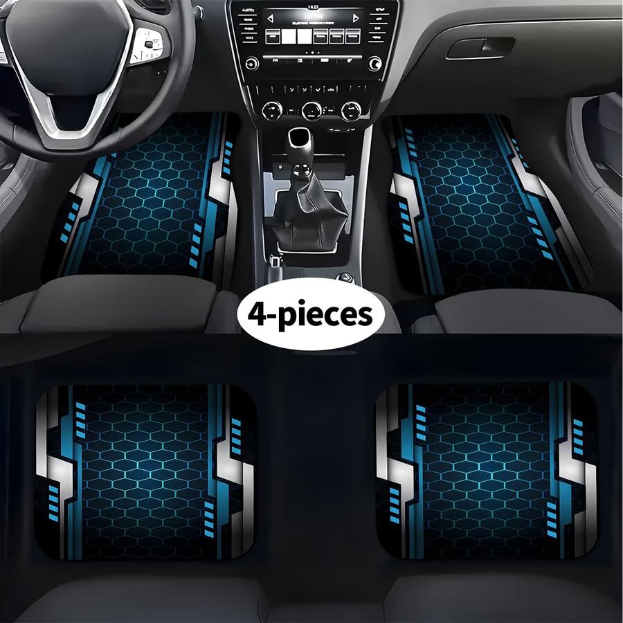 4pcs Car Floor Mats With Blue & Black Geometric Metal Print, Suitable For Various Car Models, All-Season, Fashionable & Minimalist, Easy To Install & Clean, Perfect Gift, Anti-Slip Mats, Universal Fit, Car Enthusiasts - Multicolor - View 1