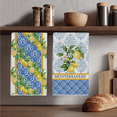 2条复古蓝色花卉柠檬图案厨房毛巾，40*60厘米，柔软超细纤维材质，适用于家庭、厨房、餐厅、户外露营、桌面清洁、餐具擦干、手部擦干，节日礼物