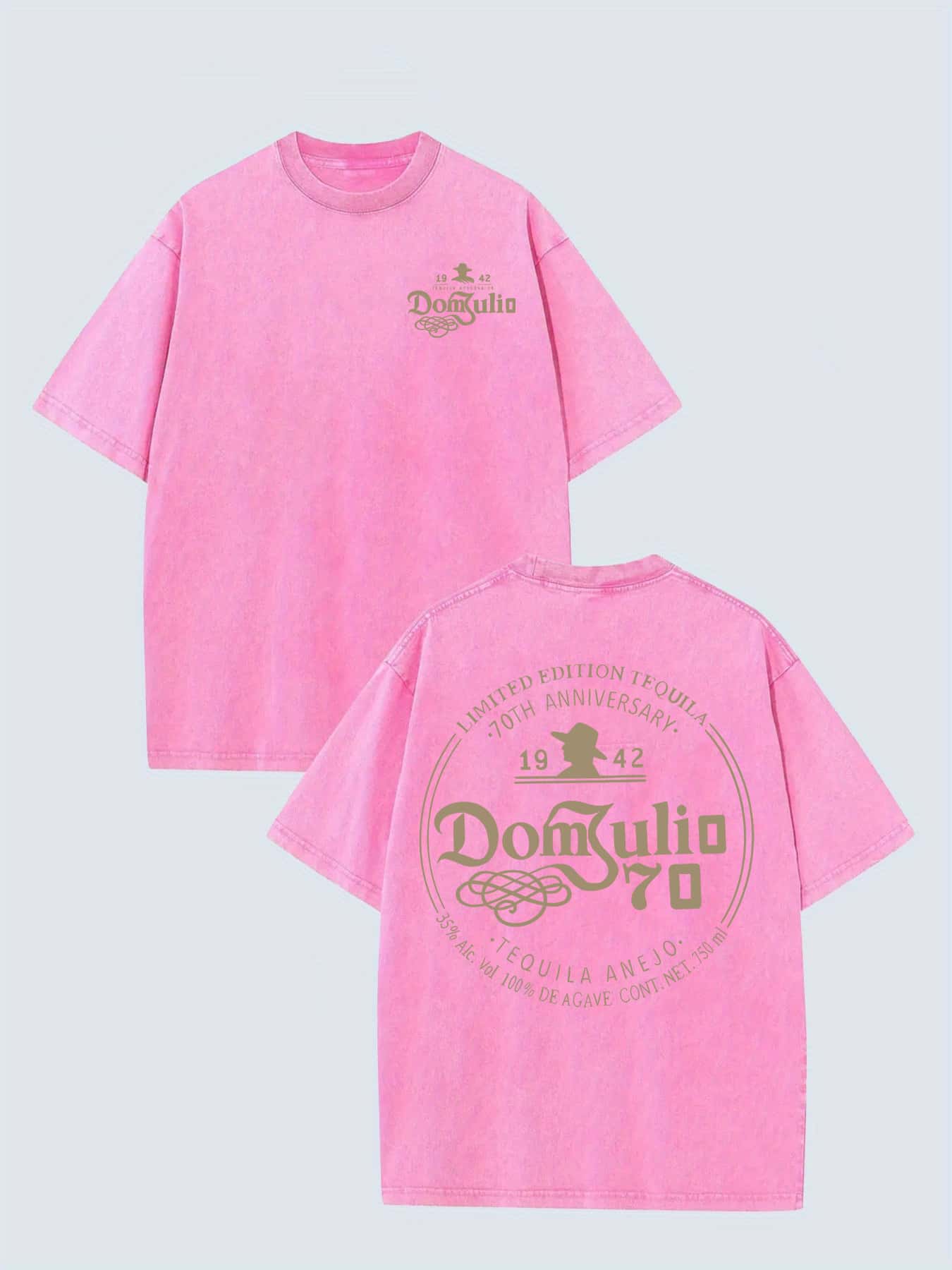 230G Washed Pure Cotton T-Shirt, Men'S Casual Fashion, With 'Dom Julio 70th Anniversary' Print, Outdoor Sports T-Shirt Loose Fit Soft Knitted T-Shirt - 玫紅色 - 查看 1