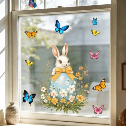 1/4 قطع ملصقات نافذة أرنب عيد الفصح، أرنب قابل للإزالة مع ملصقات فراشة ملونة وزهور البابونج، ملصقات نافذة ثابتة لديكور المنزل في عيد الفصح