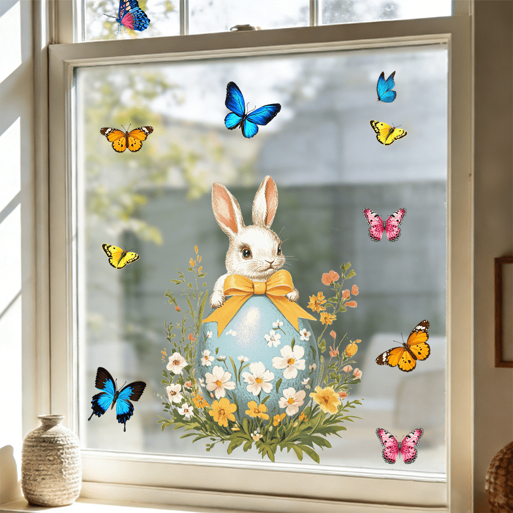1/4 قطع ملصقات نافذة أرنب عيد الفصح، أرنب قابل للإزالة مع ملصقات فراشة ملونة وزهور البابونج، ملصقات نافذة ثابتة لديكور المنزل في عيد الفصح