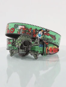 1pc Y2K Rhinestone Skull Buckle Belt, Graffiti Print Belt, Punk Gothic Waist Belt For Streetwear, Raves, And Party Outfits - Rhinestones - View 17