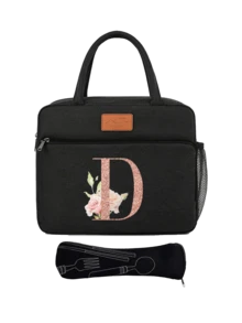 带拉链的保温午餐包，玫瑰金花卉字母A-Z图案，附赠黑色餐具袋，帆布保温午餐盒，拉链封口，大容量铝箔内衬双层拉链午餐手提袋，大容量保温冷藏包，学生适用，便携式旅行野餐包，办公学校保温午餐包，保温午餐盒，办公室假日午餐盒，多功能户外学生午餐盒，男女通用，返校季，母亲节礼物，复活节礼物 - 彩色 - 查看 13