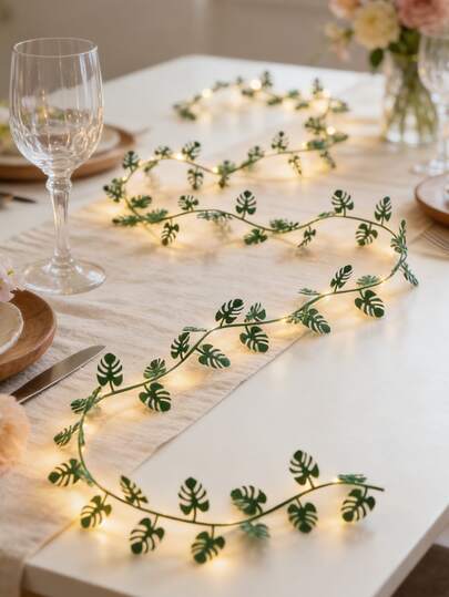 1串绿色龟背叶LED灯串，绿色藤蔓仙女灯，暖白光氛围装饰花环，热带植物桌面摆件，波西米亚风格房间装饰，适用于婚礼、派对、卧室、客厅、阳台、露台、餐桌中心装饰、室内外家居装饰、节日装饰，营造温馨氛围，公寓宿舍置物架墙面浪漫活动装饰