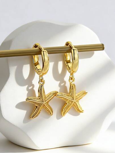 Charm-In Gold Plated Starfish Drop Earrings For Women Ocean Animal Huggie Hoop Dangle Jewelry Gift For Her