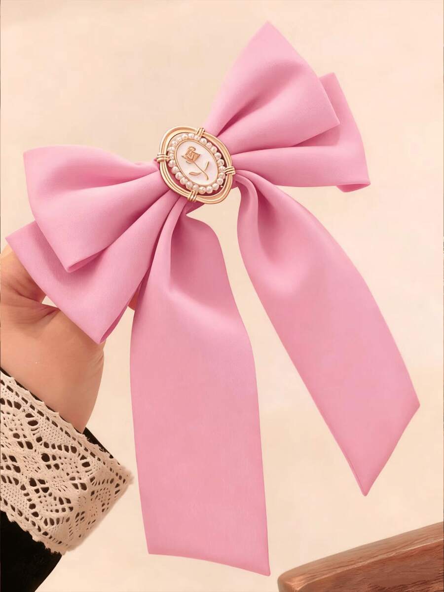 1件天鹅绒发饰,长尾蝴蝶结发夹,适合女性,可爱发带,马尾夹,鳄鱼夹,配饰,粉色蝴蝶结发饰,发卡,爪夹 - 粉色 - 查看 1