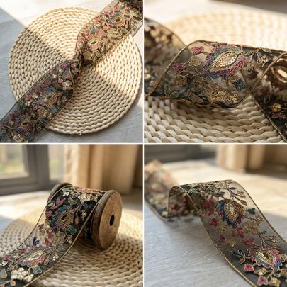 1/5 Yard Bohemian Style Floral Embroidered Lace Trim With Sequins, Mesh Satin Ribbon Suitable For Sewing DIY, Clothing, Accessories, Bags, Handicrafts And Beginner Sewing