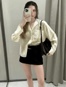 女士时尚休闲浅黄色别致长袖单排扣纽扣刺绣提花衬衫，半透明常规下摆，配有优雅口袋细节和衬衫领，春季白色 - 白色 - 查看 11