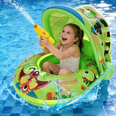 Flotador Hinchable con Techo Protector para Bebés, Diseño de Dibujos Animados, 4 Estilos Disponibles, Ideal para Piscina y Playa Resistente Antideslizante