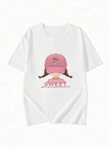 Women's Basic White Round Neck Short Sleeve T-Shirt, Sweet Girl Print, Knitted Fabric, Regular Length, Slightly Stretchy Casual - White - View 7