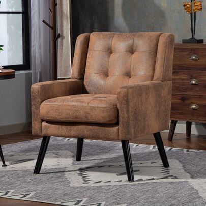 Armchair With Buttoned Suede Upholstery – This Modern Medieval Style Armchair With High Density Foam Cushion And Solid Wood Legs Is Suitable For Small Spaces: Living Room, Bedroom, Office.