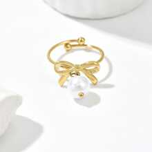 1枚经典简约水钻不锈钢戒指，蝴蝶和仿珍珠开口戒指 - 金色 - 查看 16