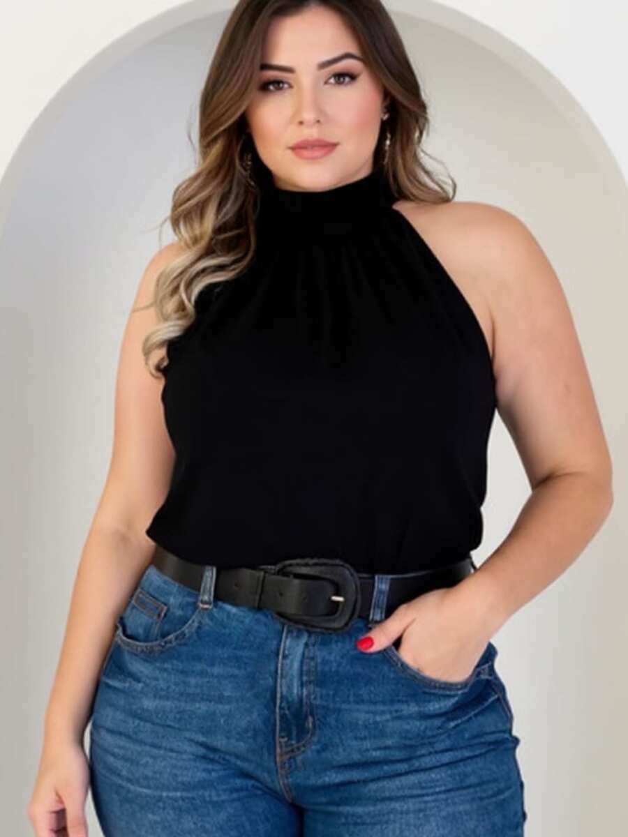 Elegant Plus Size Tank Top/Blouse, High Neck And Sleeveless, Large Sizes. - Black - View 1