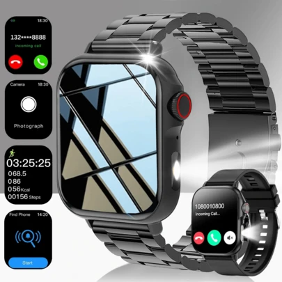 ERUN 2026款男女通用高清触屏智能手表：功能包括通话、无线短信、多种运动模式、远程相机控制、健身追踪、USB充电、LED户外照明灯、硅胶三股钢表带以及蓝牙智能连接。是节日和生日的完美礼物。