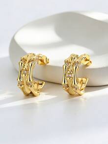 Charm-In 简约镀金竹节耳环，镶嵌精致锆石，适合日常佩戴 - 金色 - 查看 1