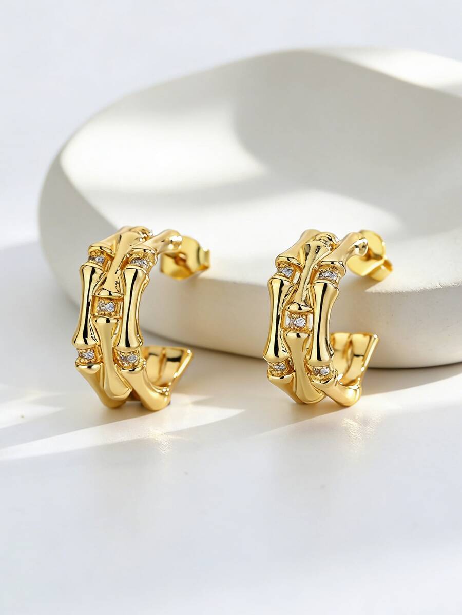 Charm-In 简约镀金竹节耳环，镶嵌精致锆石，适合日常佩戴 - 金色 - 查看 1
