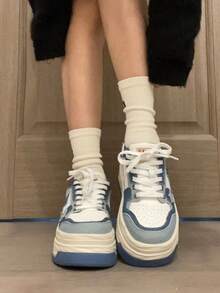 Women's Personalized Platform Thick Bottom Shoes, Solid Color Lightweight Durable Breathable Casual Shoes, Star Pattern Sports Shoes, European And American Fashion Simple Round Toe Non-Slip Increased Height Casual Walking Travel Vacation Flat Shoes, Blue, Suitable For All Seasons Sports Casual Lace-Up Loafers - 藍色 - 查看 4
