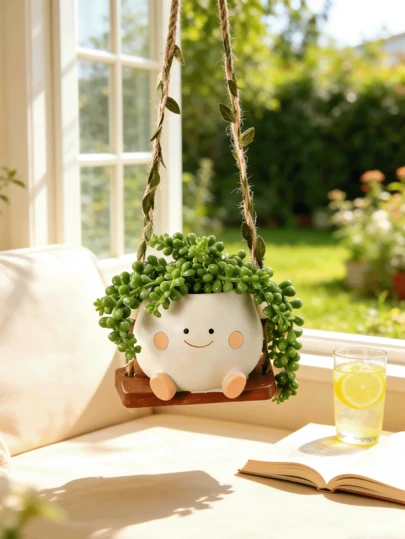 笑脸秋千造型花盆，可爱害羞设计，带排水孔，趣味小花盆，适合室内多肉植物，送给植物爱好者的独特礼物