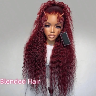 13x4蕾丝前假发，深波浪卷，99J酒红色，合成预剪婴儿发，质地柔软，适合日常佩戴、派对、角色扮演