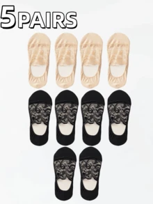 5双装女士夏季蕾丝隐形透明低帮踝短袜，防滑黑色套装，理想的圣诞礼物船袜 - 彩色 - 查看 11