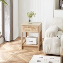 Rattan Side Table With Drawers, Modern Bedside Table, Living Room/Bedroom End Table, Natural Wood Grain Look - H 55 / W 40 / D 40 Cm - Khaki - View 7