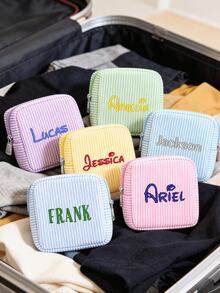 Personalized Embroidered Striped Canvas Cosmetic Bag - Customized Name Striped Ladies Makeup Bag, Bridesmaid Gift Embroidered Makeup Bag, Travel Makeup Organizer Bag, Bridal Shower Gift Makeup Bag - Multicolor - View 3
