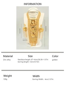 Conjunto de joyería vintage de 3 piezas con collar, pulsera y aretes de textura dorada, elegante para fiestas y citas - borlas de flores largas - Ver 6