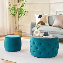 Luxurious Set Of Two Nesting Velvet Stools, 4-In-1 Function, Round Storage Stool With Wooden Shelf, No Assembly Required, Blue (58 Cm X 58 Cm X 38 Cm) - Blue - View 1