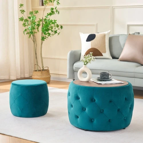Luxurious Set Of Two Nesting Velvet Stools, 4-In-1 Function, Round Storage Stool With Wooden Shelf, No Assembly Required, Blue (58 Cm X 58 Cm X 38 Cm) - Blue - View 1