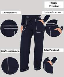 Wide Leg Pants, High Waist, Viscose/Lycra Fabric, Pockets, Loose Fit, Comfortable, Elegant, Versatile - Màu xanh hải quân - Xem 5