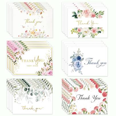 50pcs Watercolor Style Wild Flower Thank You Cards, Featuring Various Floral And Eucalyptus Leaf Designs, Suitable For Weddings, Bridal Showers, Birthdays, Teacher Appreciation, Colleague Appreciation And All Occasions, High-Quality Card Stock