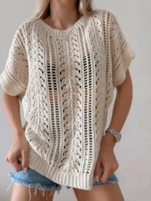 2026夏季新款镂空宽松蝙蝠袖针织罩衫，女士百搭度假沙滩装，纯亚麻V领 - 杏色 - 查看 8